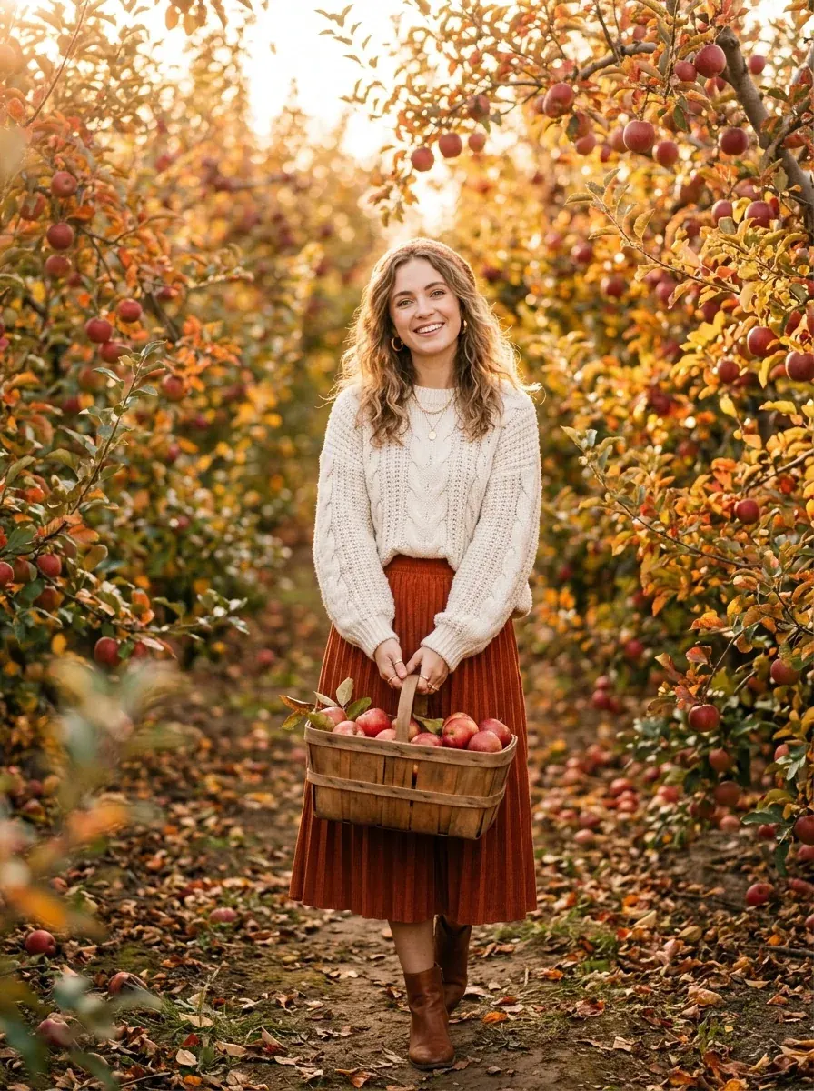 Trending apple picking outfit ideas cozy cream knit sweater autumn orchard aesthetic clothes DP