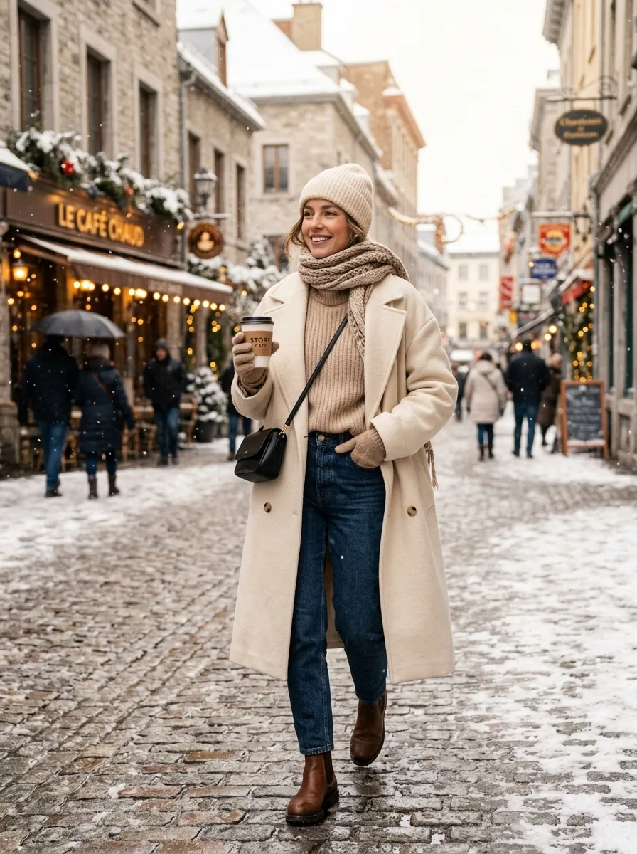 Trending winter outfits cozy cream wool coat chunky knit scarf snowfall street aesthetic DP