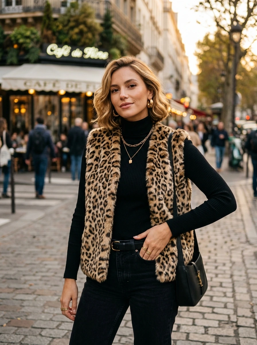 Trending leopard print faux fur vest over black turtleneck aesthetic Instagram DP