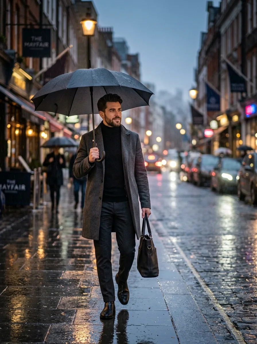 Trending rainy day outfit men charcoal trench coat umbrella street style aesthetic DP