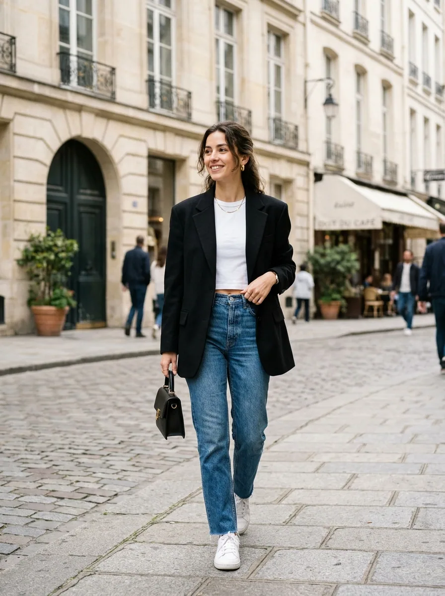Trending straight leg jeans outfit ideas oversized black blazer casual denim jeans aesthetic DP