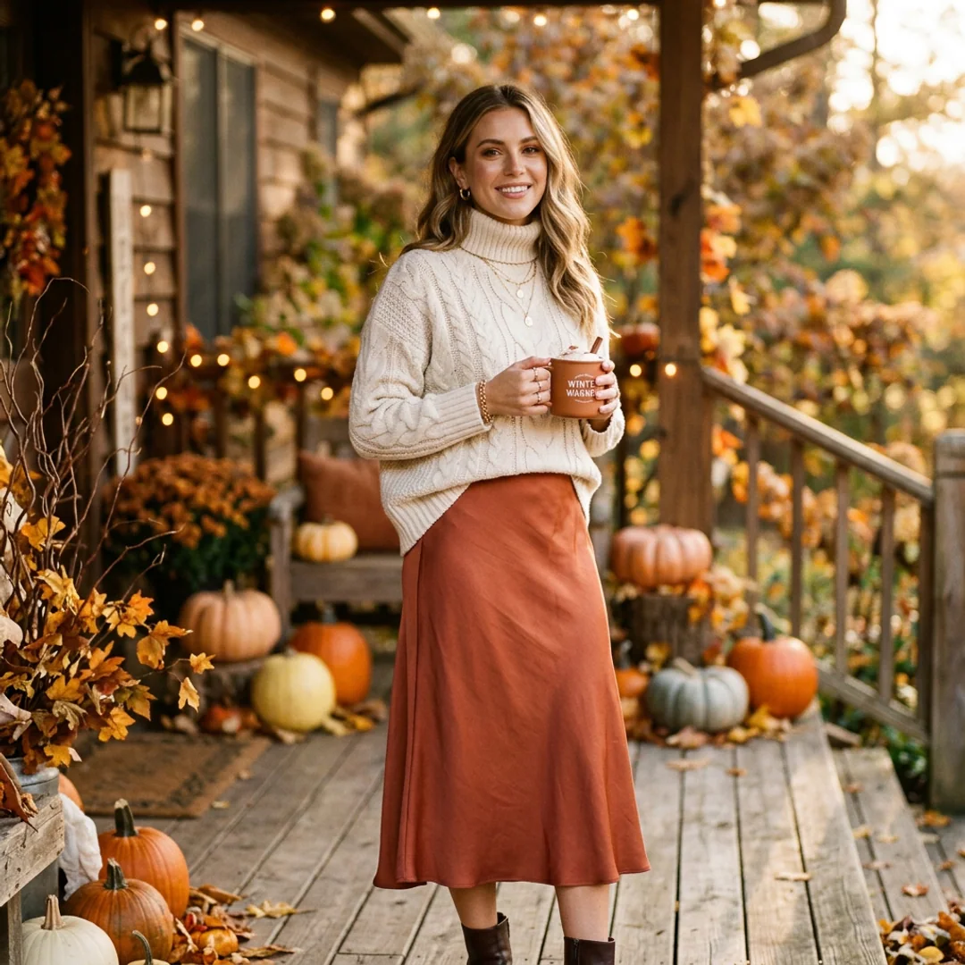 Trending Thanksgiving outfit ideas cozy cream knit sweater terracotta satin skirt aesthetic DP