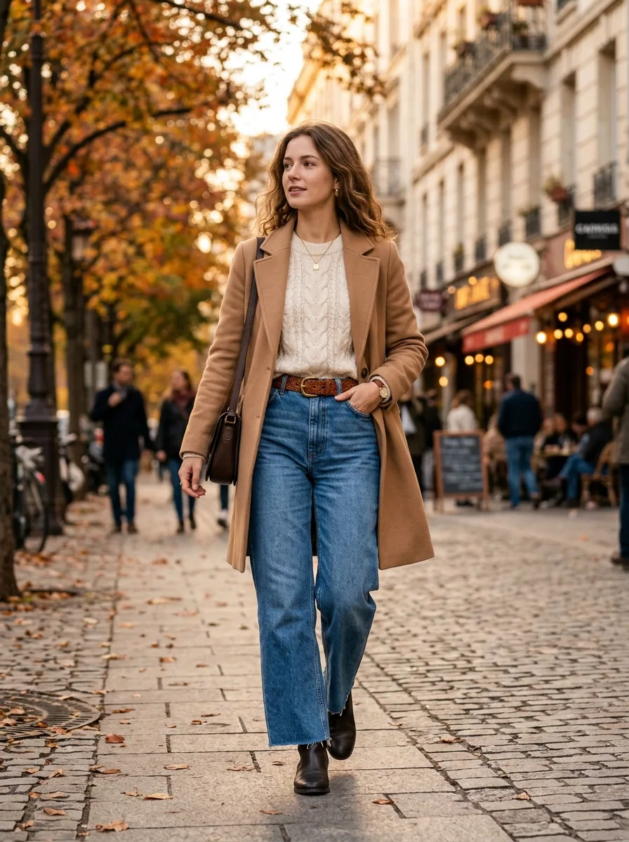 Trending wide leg jeans outfit ideas camel coat denim jeans aesthetic clothes DP