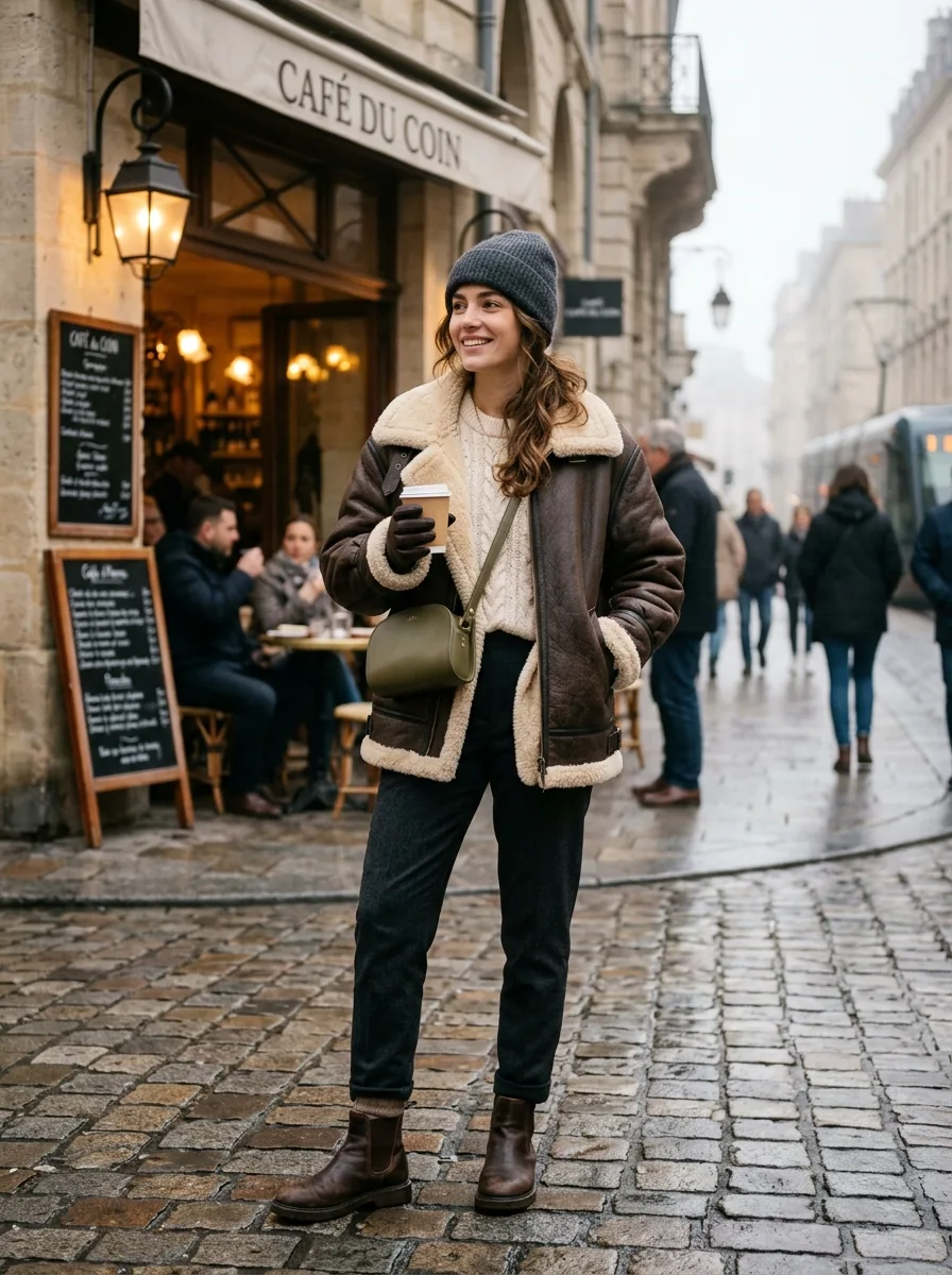Trending aesthetic winter outfits vintage espresso shearling aviator jacket cozy knit DP