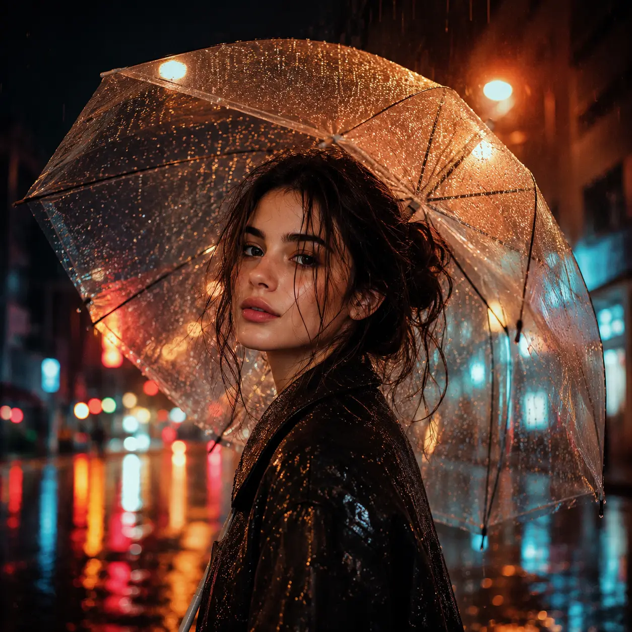 Rainy Night DP - Best Instagram DP for girls with cinematic rainy night portrait and city lights