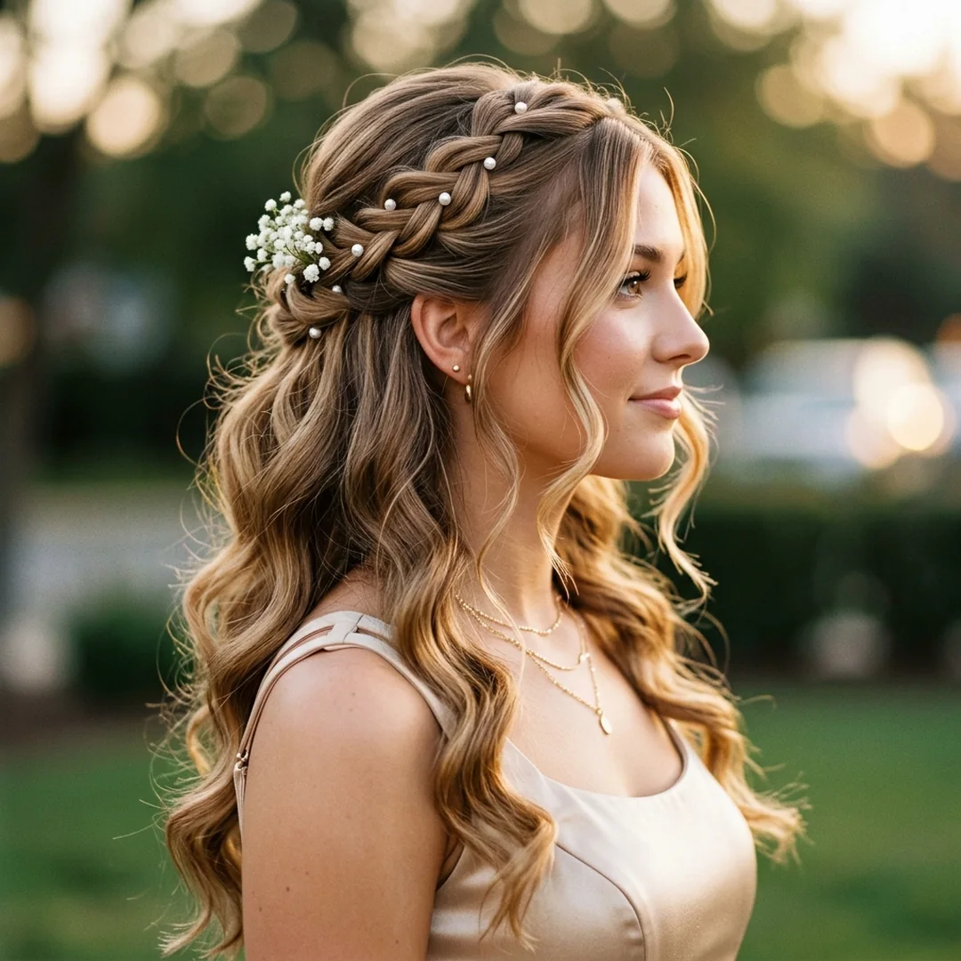 Trending hairstyles for hoco with half-up braided crown and romantic waves girls DP