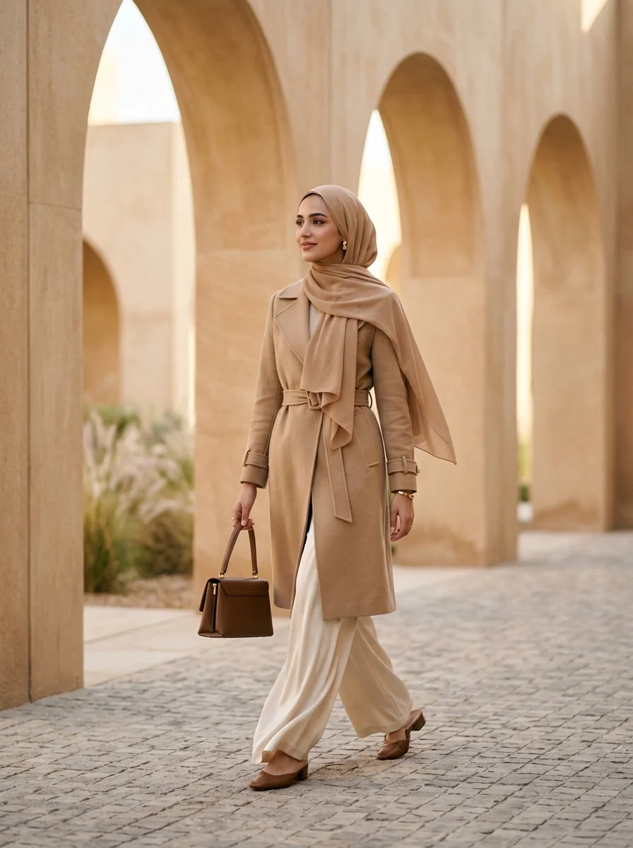 Trending modest fashion outfits camel trench coat silk hijab aesthetic clothes DP